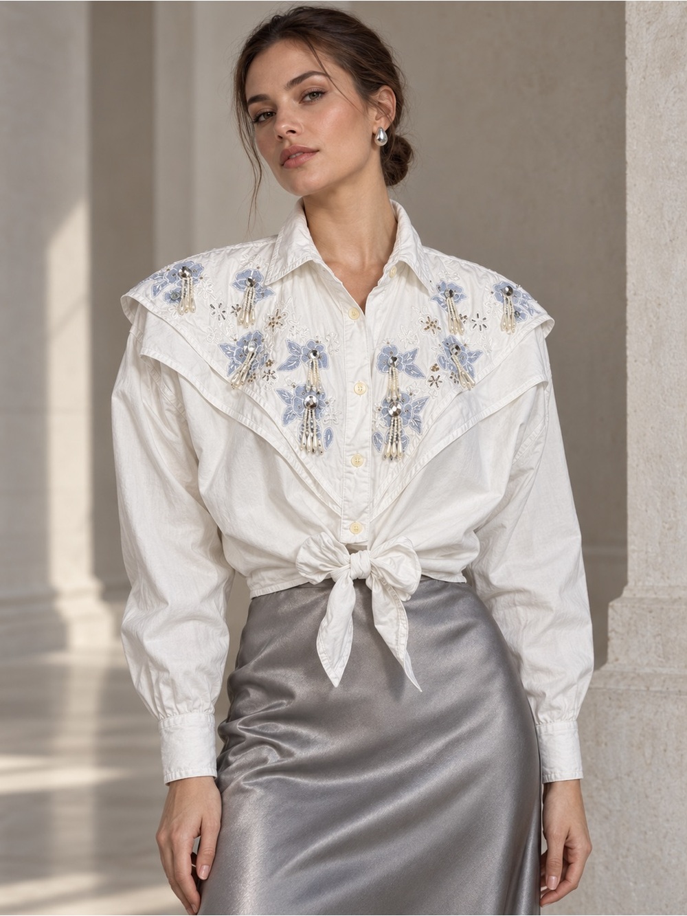Vintage 90s At Last Pearl Beaded Embroidered Western Tie Front Shirt White Small